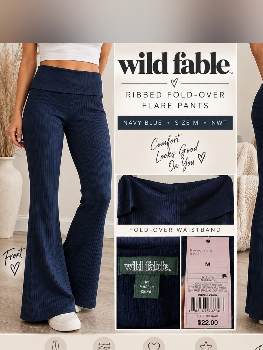 Wild Fable Ribbed Flare Pants Navy Blue High Rise Stretchy Wide Leg NWT M